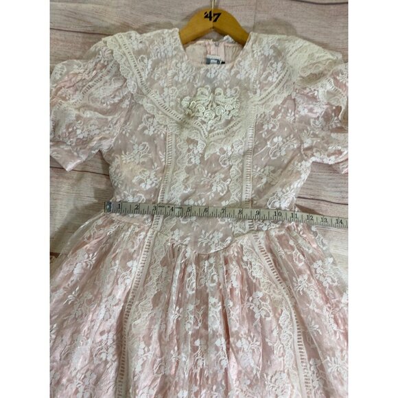 Vintage 80's Jessica McClintock Blush Pink Lace Short Sleeve Youth Dress - 8 - Picture 9 of 13